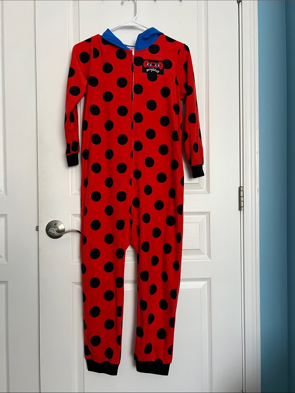 Kids Red Polka Dot Footed One-Piece with Blue Hood